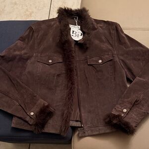 Coldwater Creek Brown Leather Jacket with Fur Trim size Large. 100% Leather.